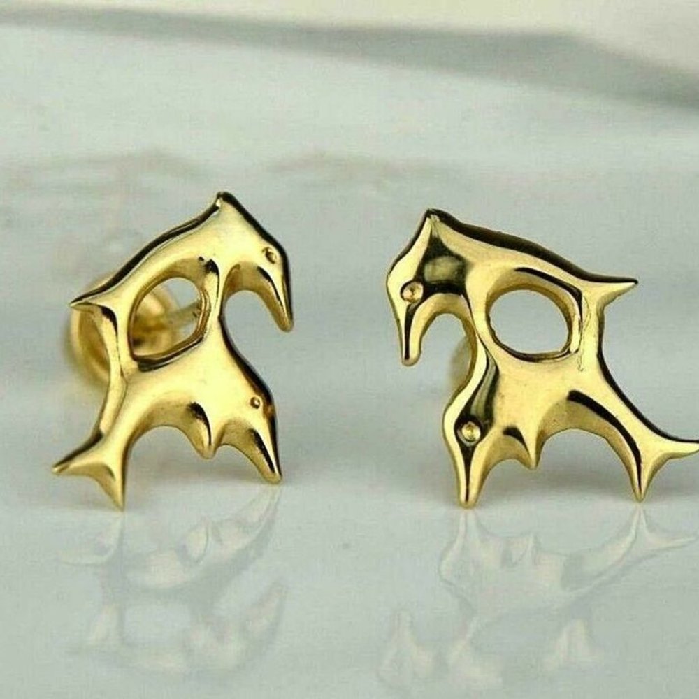 Solid 14k Yellow Gold Double Dolphin Stud Earring… - image 2